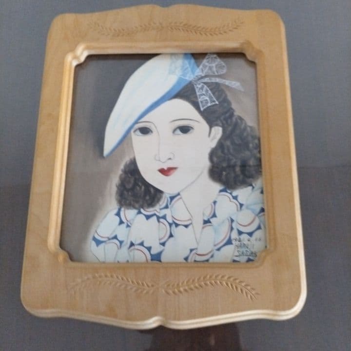 昭和レトロ美人画 直筆 (帽子)木製額縁