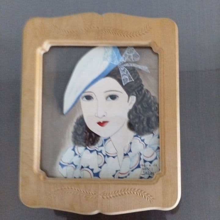 昭和レトロ美人画 直筆 (帽子)木製額縁