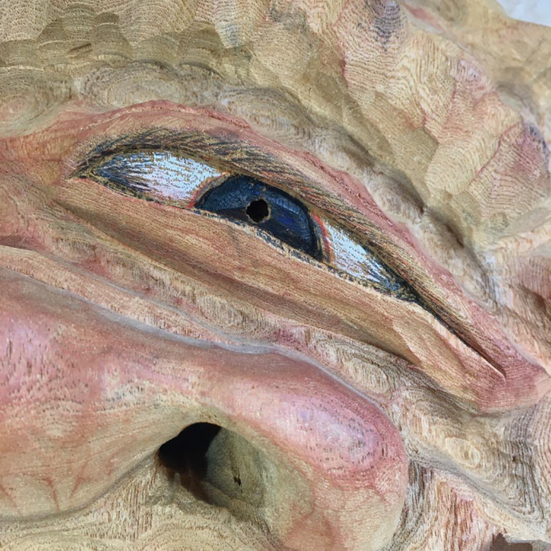 ○【世界的名工】前島秀章 酔鬼 幅34.5cm 面 木彫