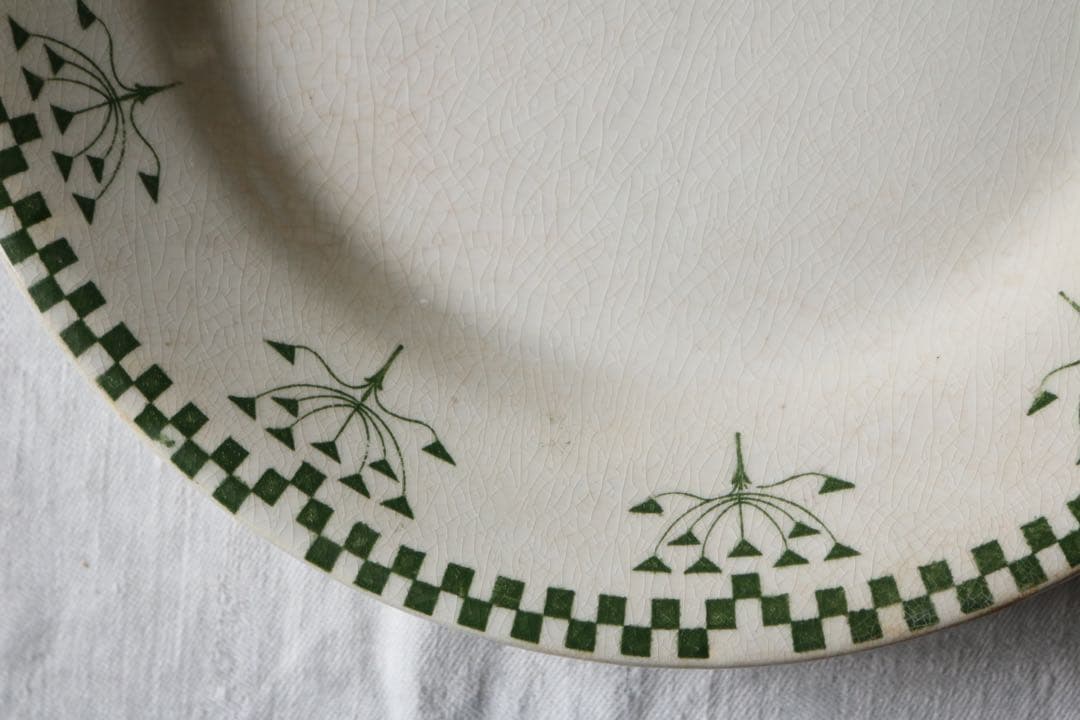 フランス　アンティーク　グリーン　ダミエ　creil montereau