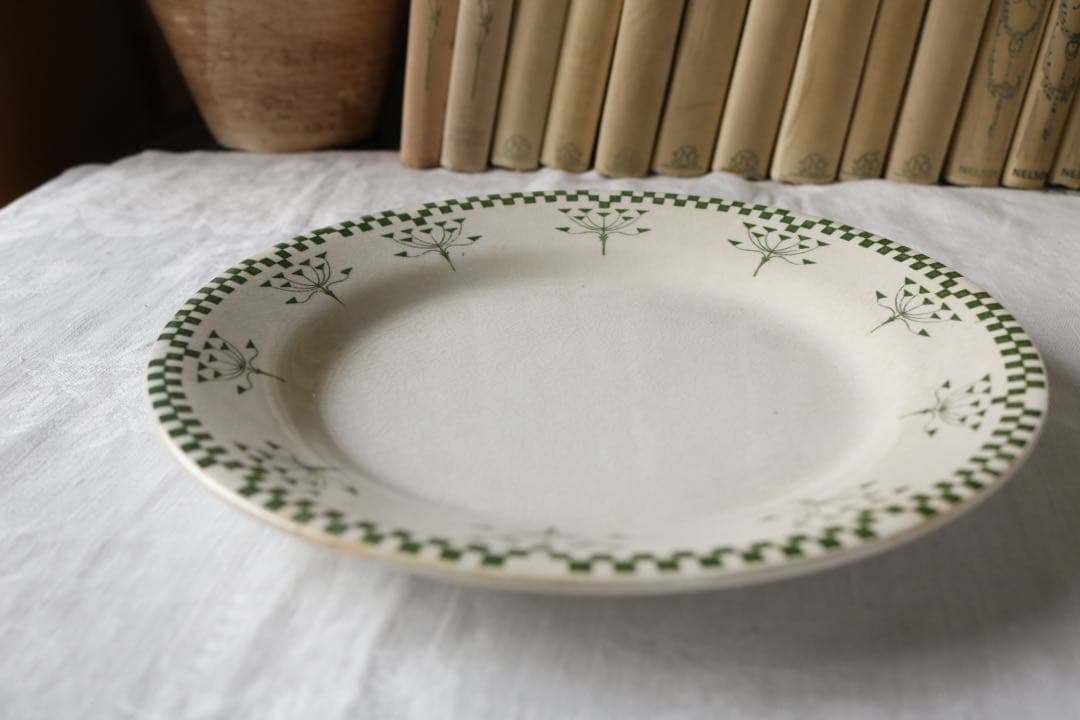 フランス　アンティーク　グリーン　ダミエ　creil montereau