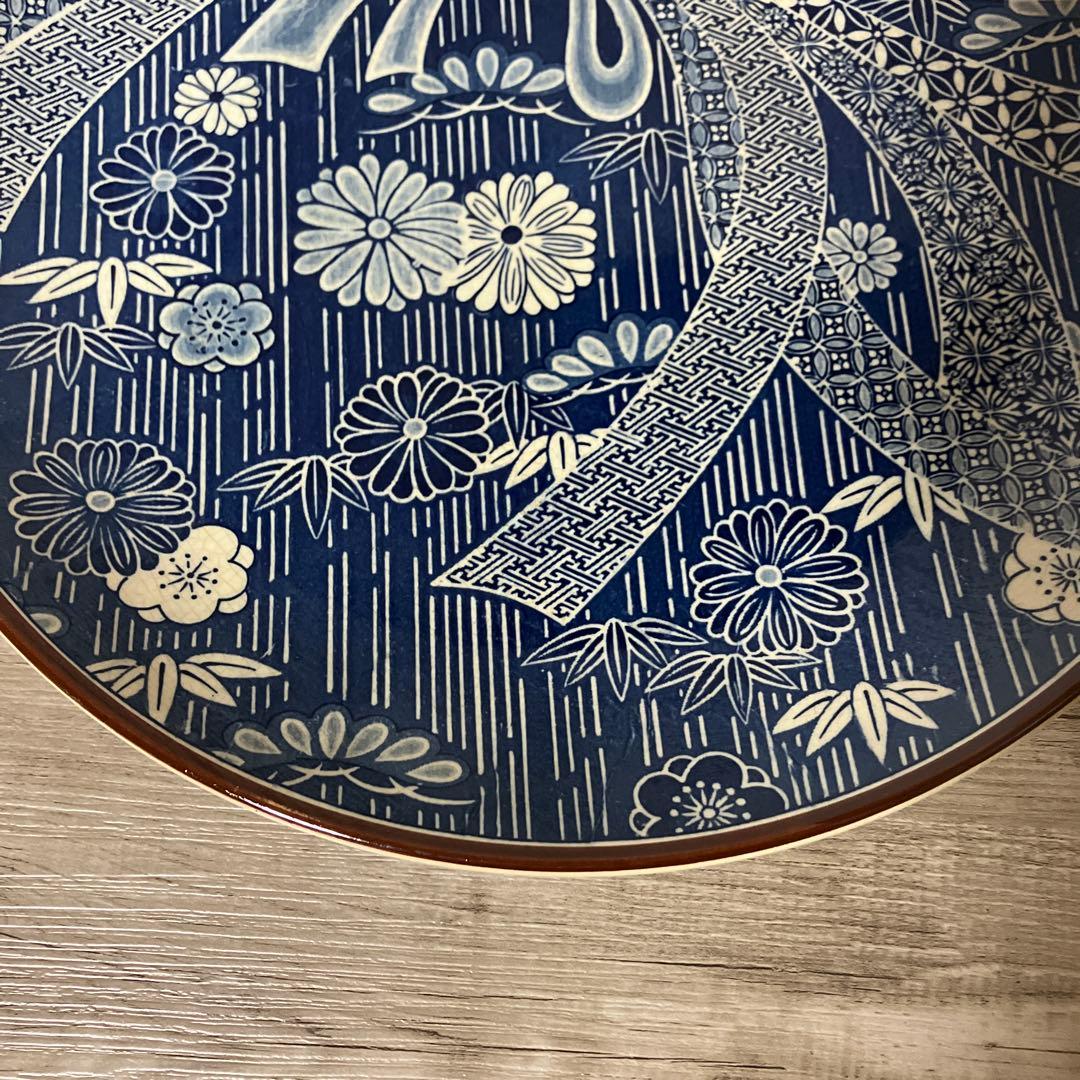 べ【縁起物】大皿 染付 熨斗文様 束ね熨斗 菊 松竹梅 和食器 飾り皿骨董訳あり