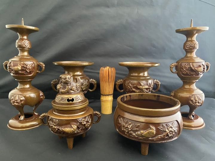 香炉 線香立て　花入 燭台　6点 銅製　仏具 開運 風水 骨董 美術 インテリア