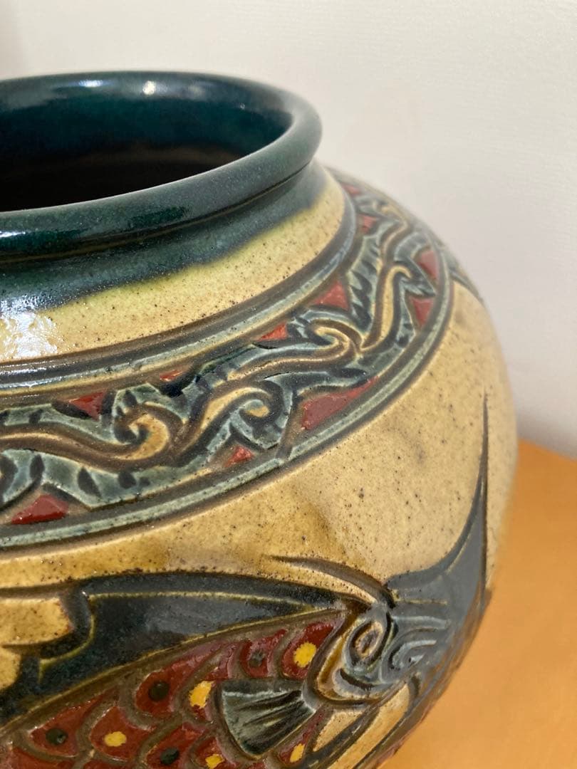 【希少】壺屋焼 やちむん 魚紋 飾り壺