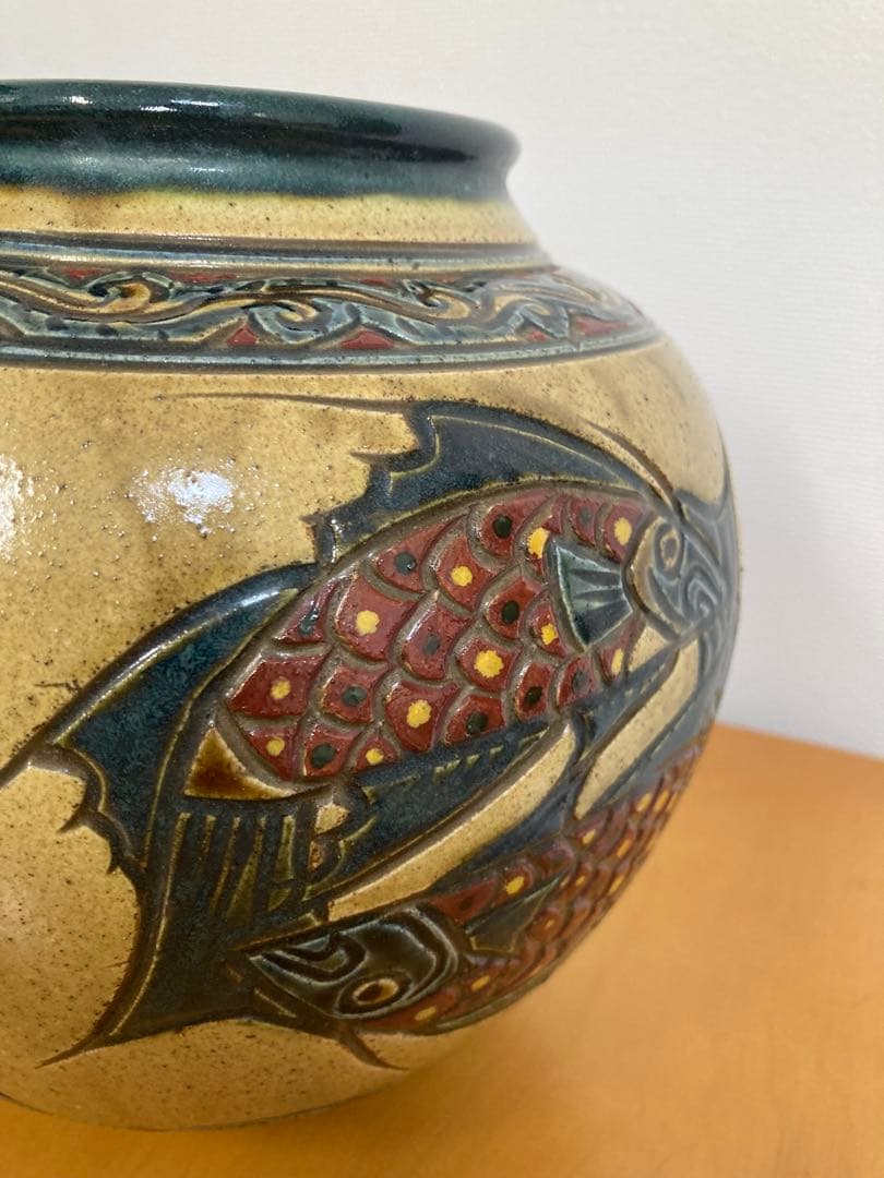 【希少】壺屋焼 やちむん 魚紋 飾り壺