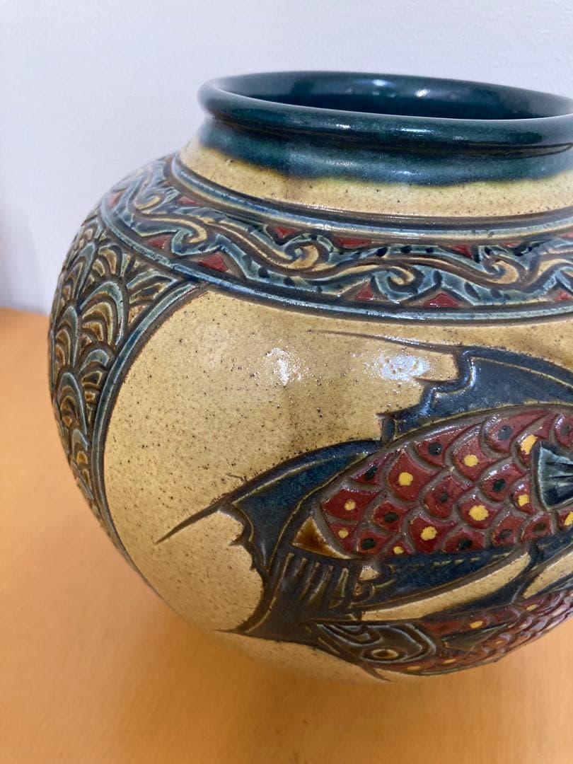 【希少】壺屋焼 やちむん 魚紋 飾り壺