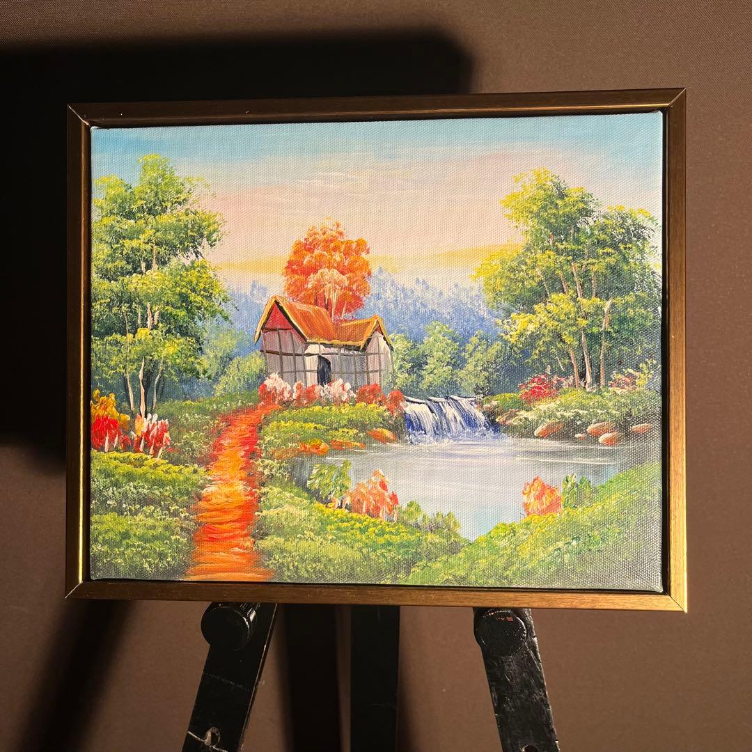 手書き油絵 山小屋に続く道 絵画 額付き インテリア 油彩画