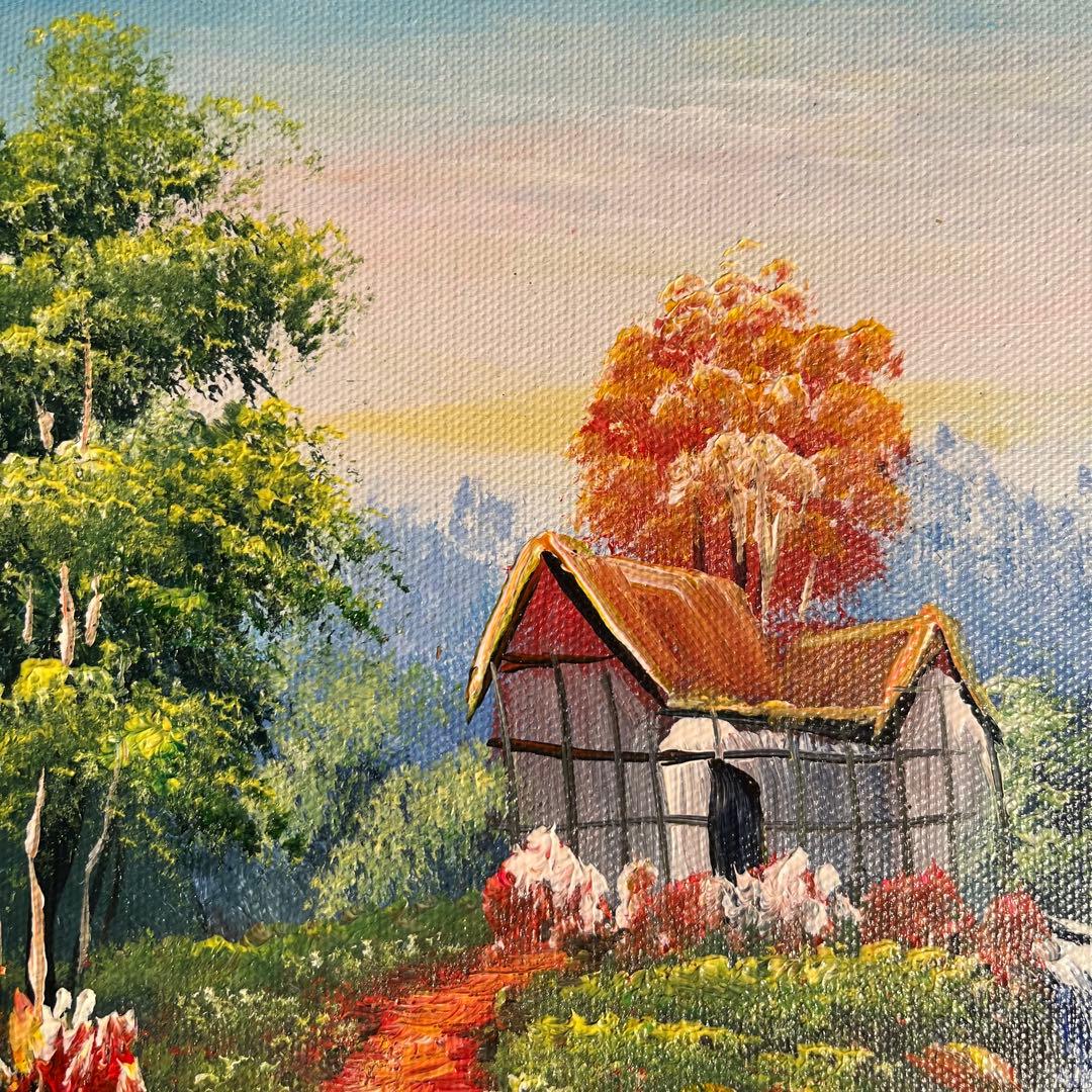 手書き油絵 山小屋に続く道 絵画 額付き インテリア 油彩画