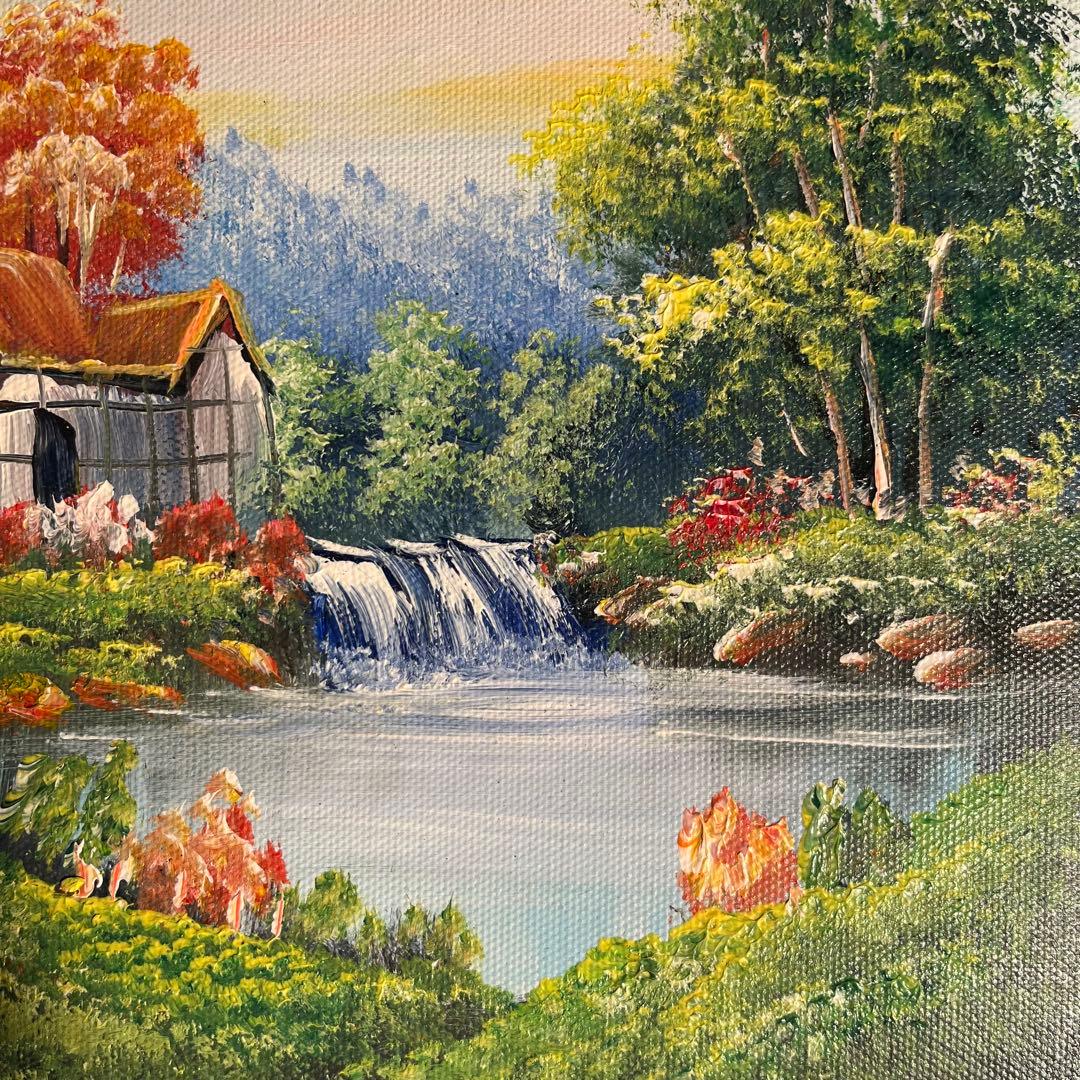 手書き油絵 山小屋に続く道 絵画 額付き インテリア 油彩画