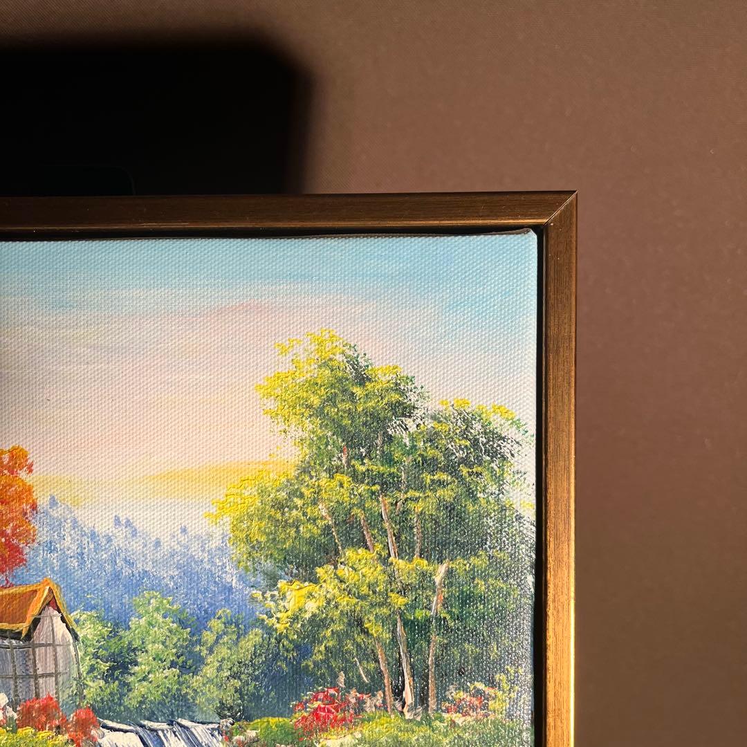手書き油絵 山小屋に続く道 絵画 額付き インテリア 油彩画