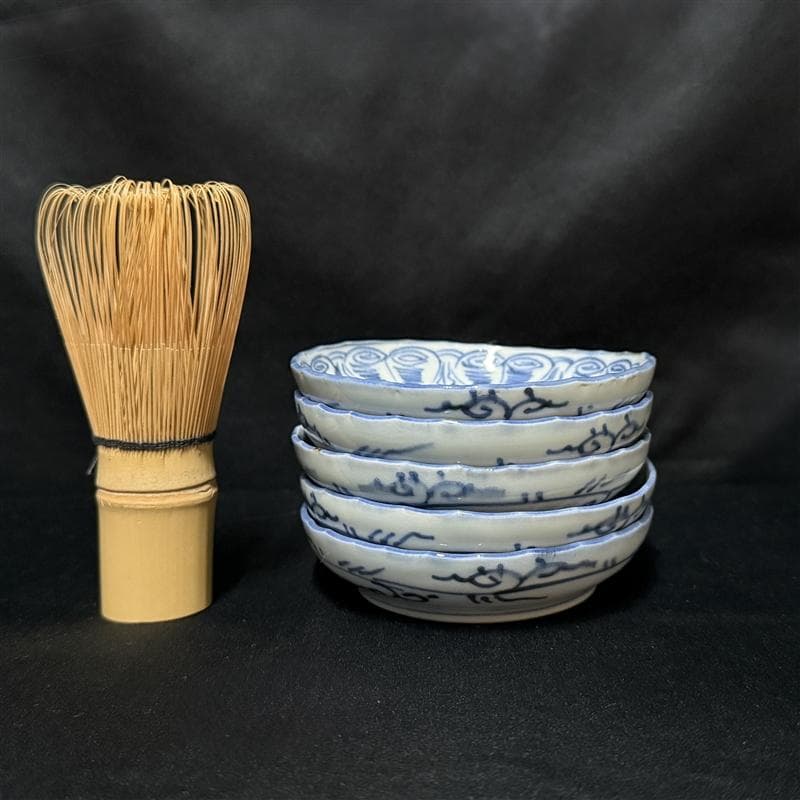 古伊万里 染付 花連文 手塩皿 ③ 5枚組 無傷 完品 江戸期 小皿 豆皿