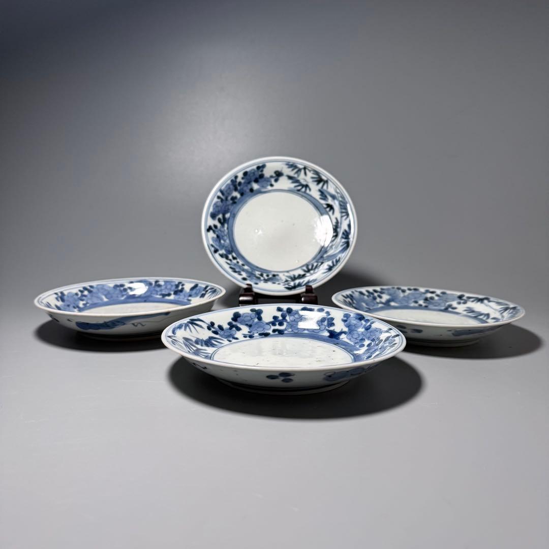 古伊万里　江戸中期〜後期　染付竹梅文五寸皿　太明成　4枚　直径15.1cm