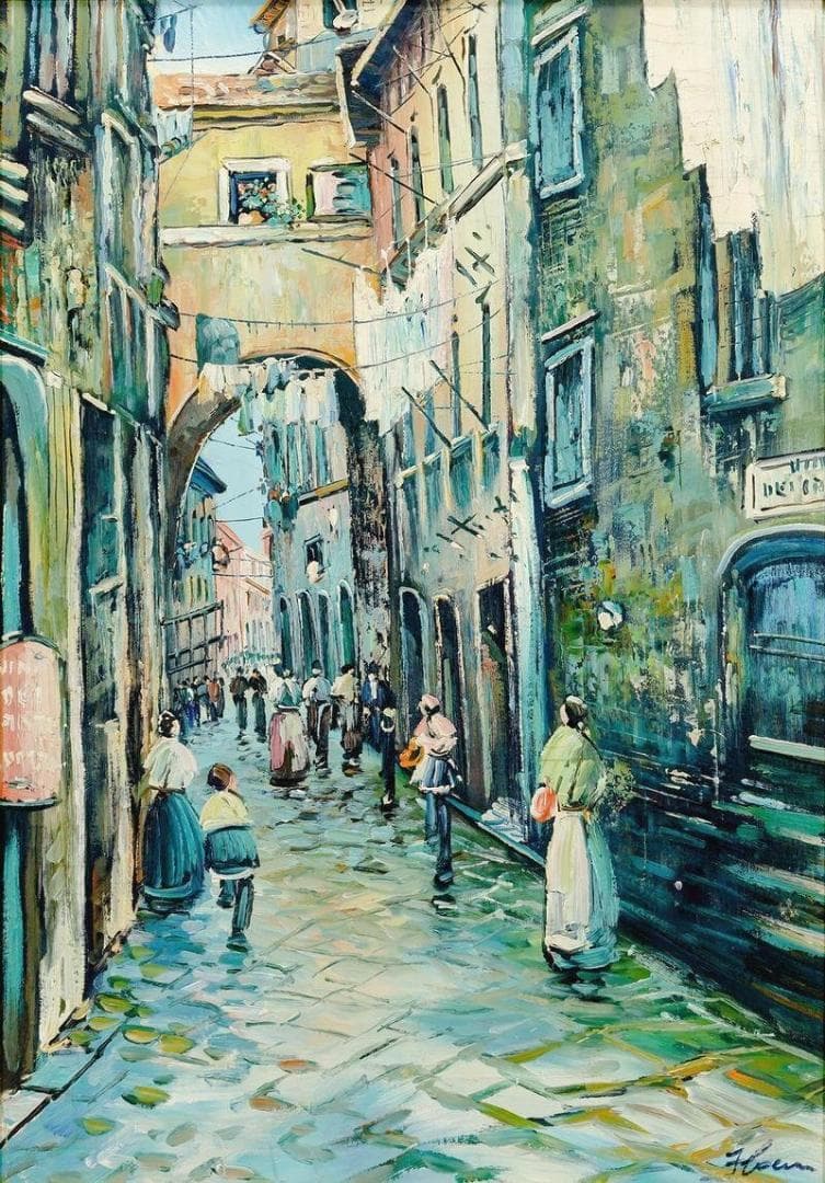 サイン有り　油彩画　１５号　大作　ナポリの下町風景「群衆と街角」