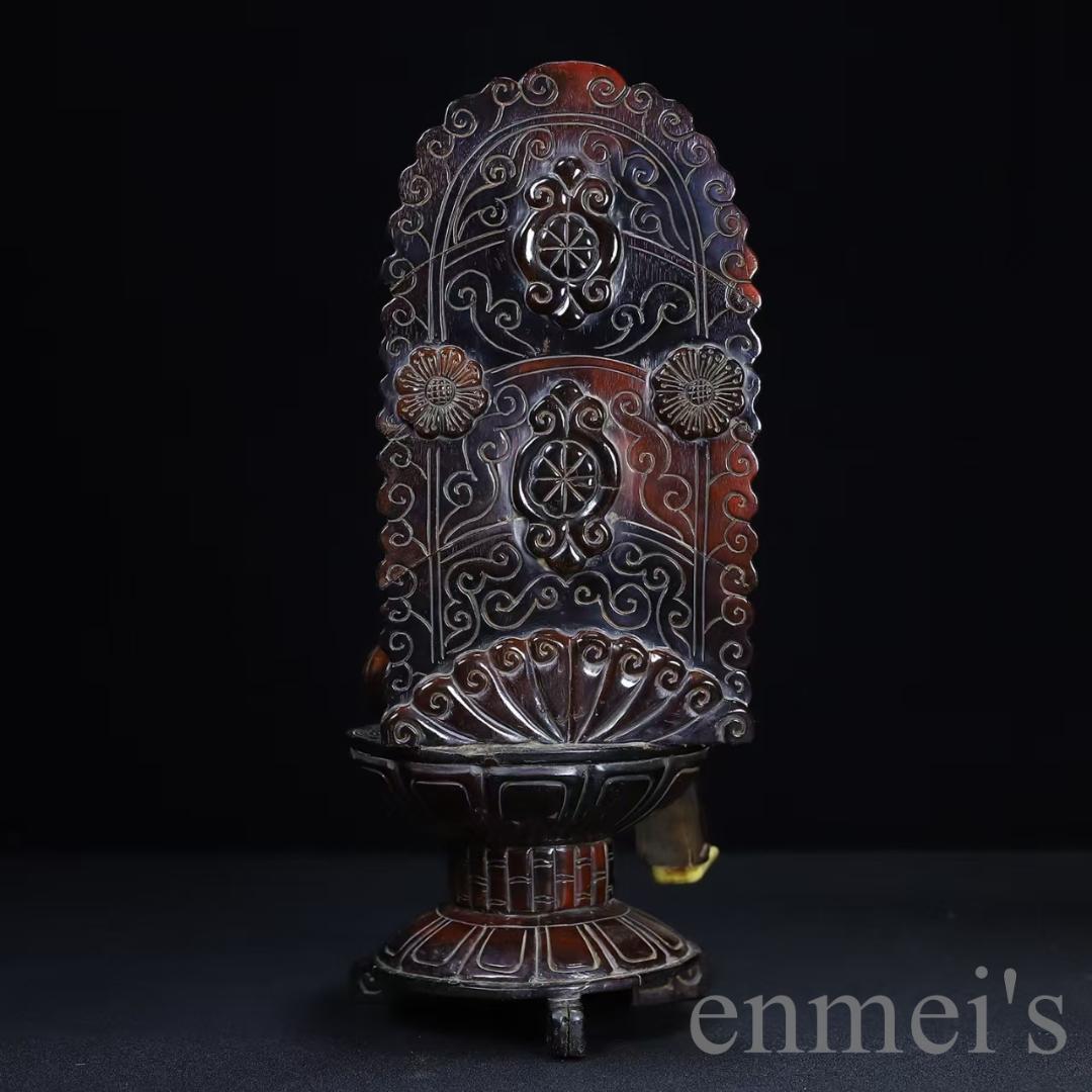 中国古美術『旧蔵 牛角×牛骨 嵌装 背光観音像置物』仏教工芸 極細工 古玩 仏像