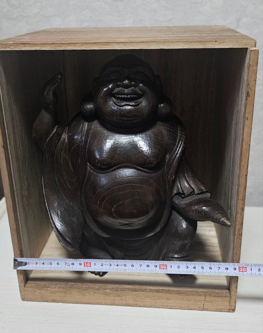 川原啓秀作　木彫 布袋様 置物 仏像 縁起物 木箱入り　超貴重　ケヤキ