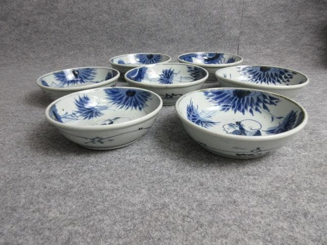 古伊万里染付竹林の賢人図しゅんかん皿7枚 [B25615]