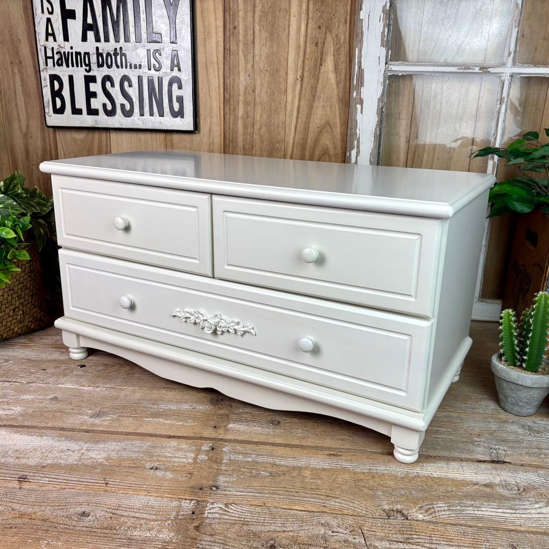 フレンチカントリー調ホワイトチェスト2点セット木製収納家具飾り棚姫系洋タンス