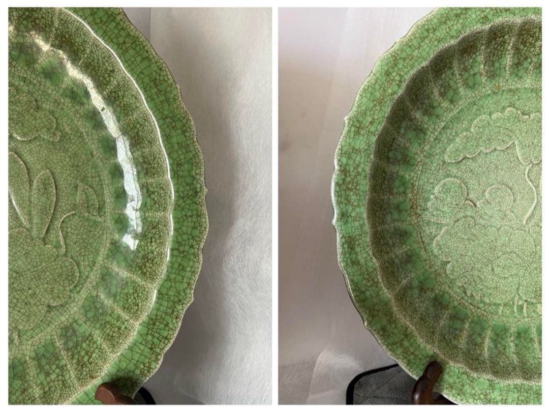 中国古美術　元時代　龍泉窯　皇宮専用特大皿　龍泉窯青磁蓮花文大皿·陽刻