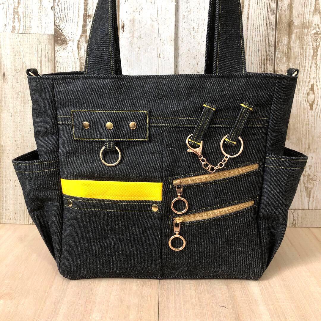 トートバッグ　ハンドメイド　デニムリメイク　ブラック　イエロー　ゴールドW