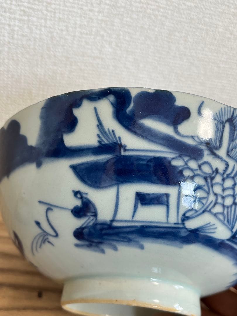 中国美術　清時代山水風景絵鳳紋茶碗 染付 鉢 時代物