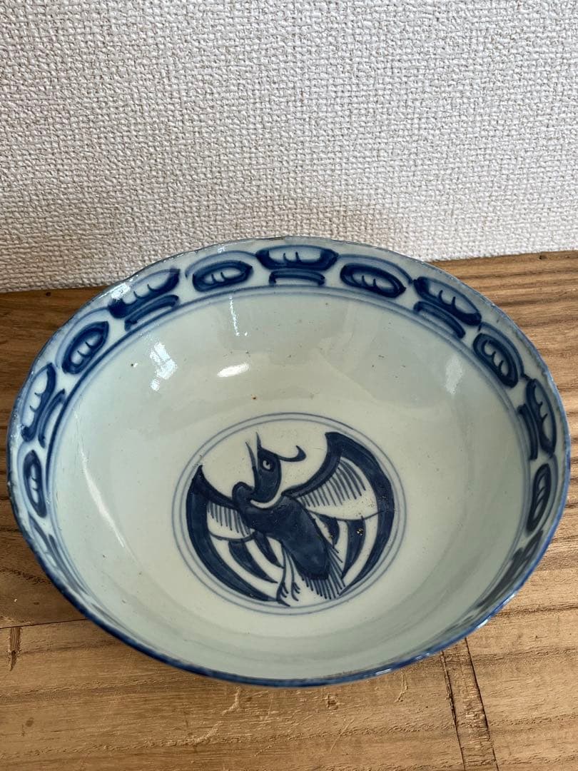 中国美術　清時代山水風景絵鳳紋茶碗 染付 鉢 時代物