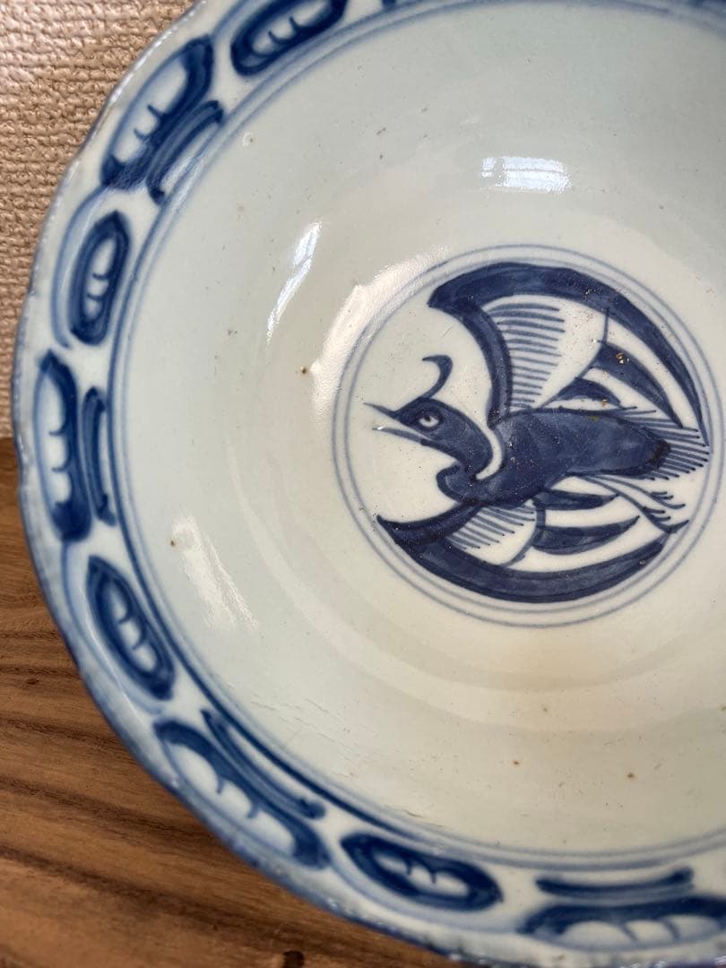 中国美術　清時代山水風景絵鳳紋茶碗 染付 鉢 時代物