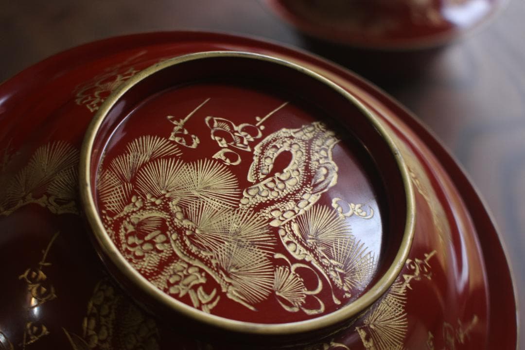 デッドストック！時代金縁朱漆に極上松竹梅沈金の映える大椀2点（検輪島塗雑煮椀