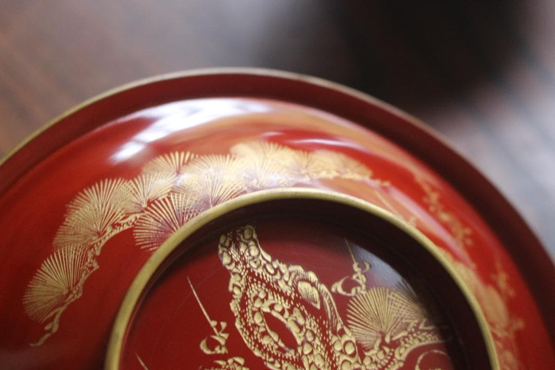 デッドストック！時代金縁朱漆に極上松竹梅沈金の映える大椀2点（検輪島塗雑煮椀