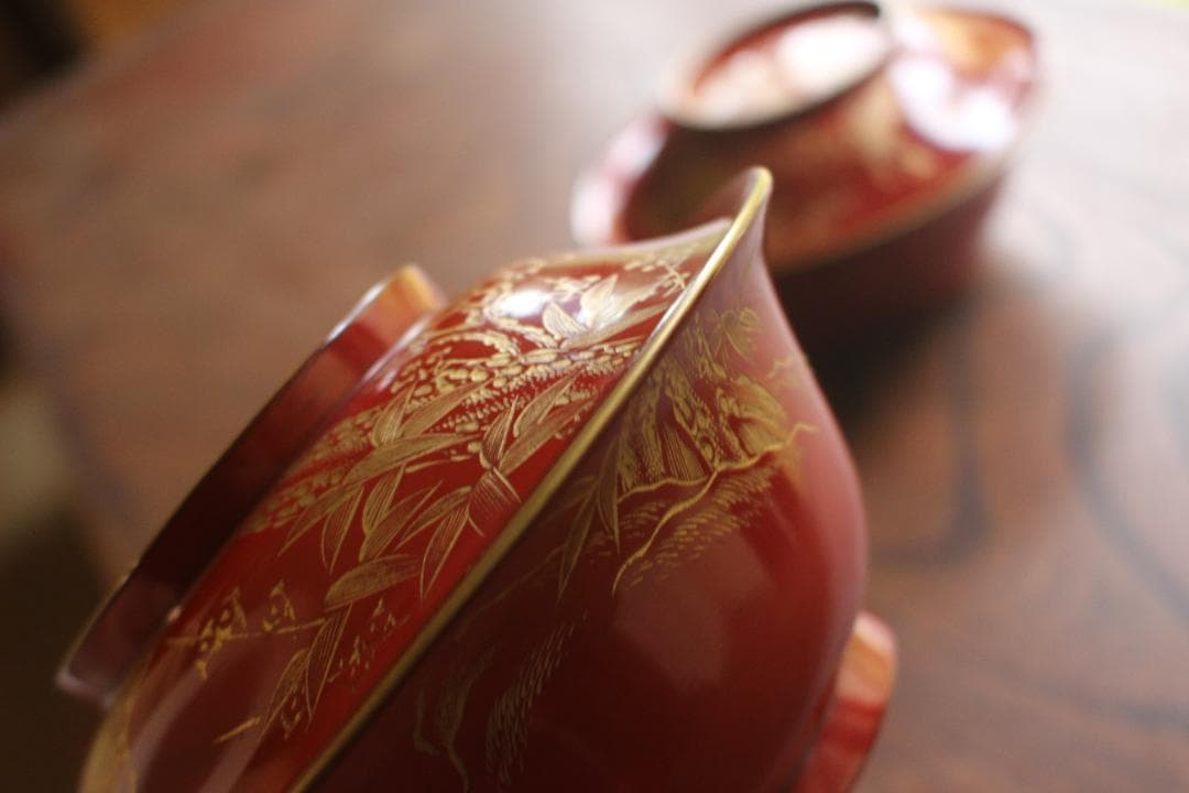 デッドストック！時代金縁朱漆に極上松竹梅沈金の映える大椀2点（検輪島塗雑煮椀