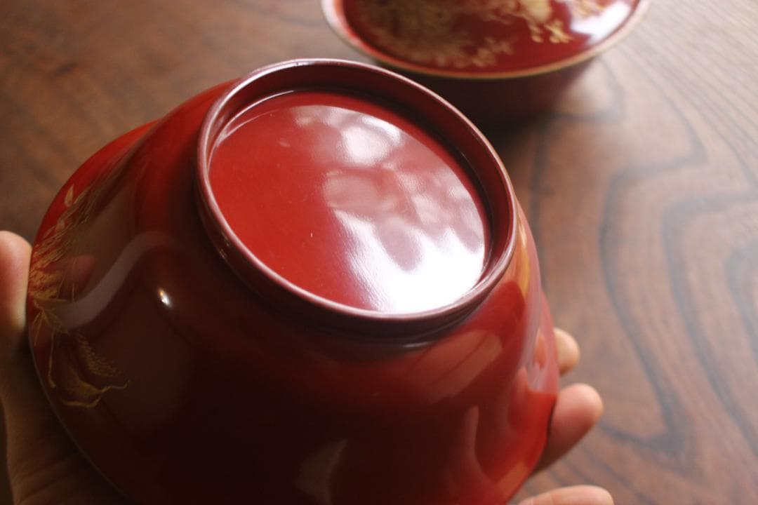 デッドストック！時代金縁朱漆に極上松竹梅沈金の映える大椀2点（検輪島塗雑煮椀