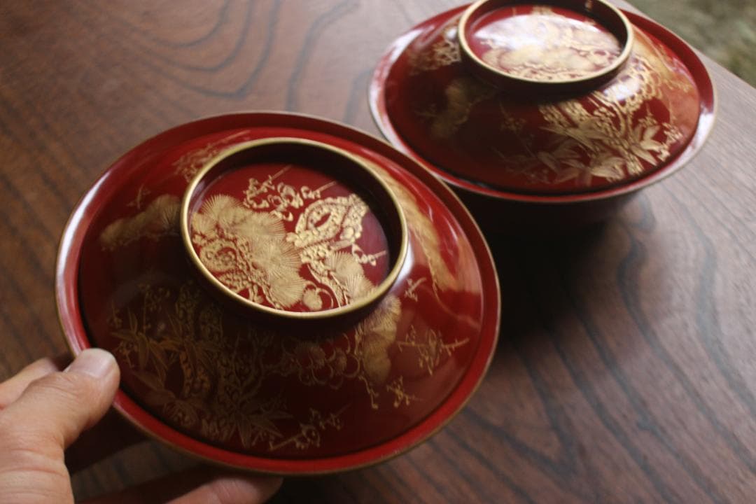 デッドストック！時代金縁朱漆に極上松竹梅沈金の映える大椀2点（検輪島塗雑煮椀