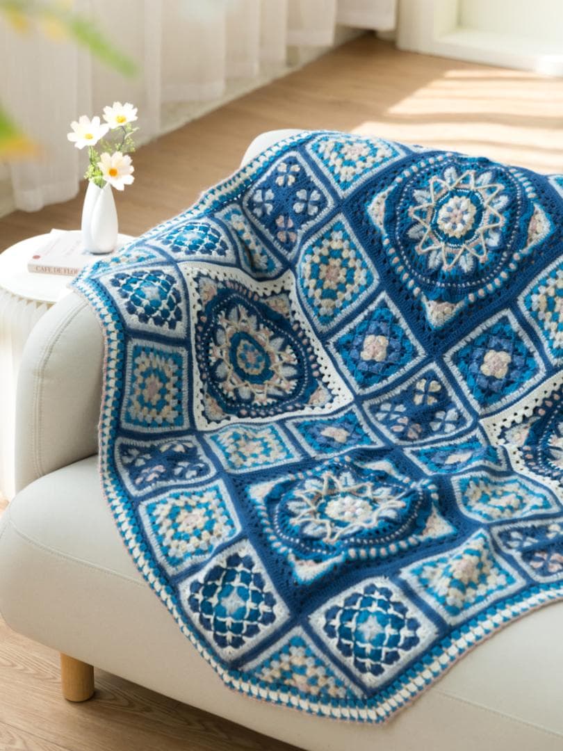 かぎ針編み 藍染 グラニースクエア マルチカバー ひざかけ こたつカバー