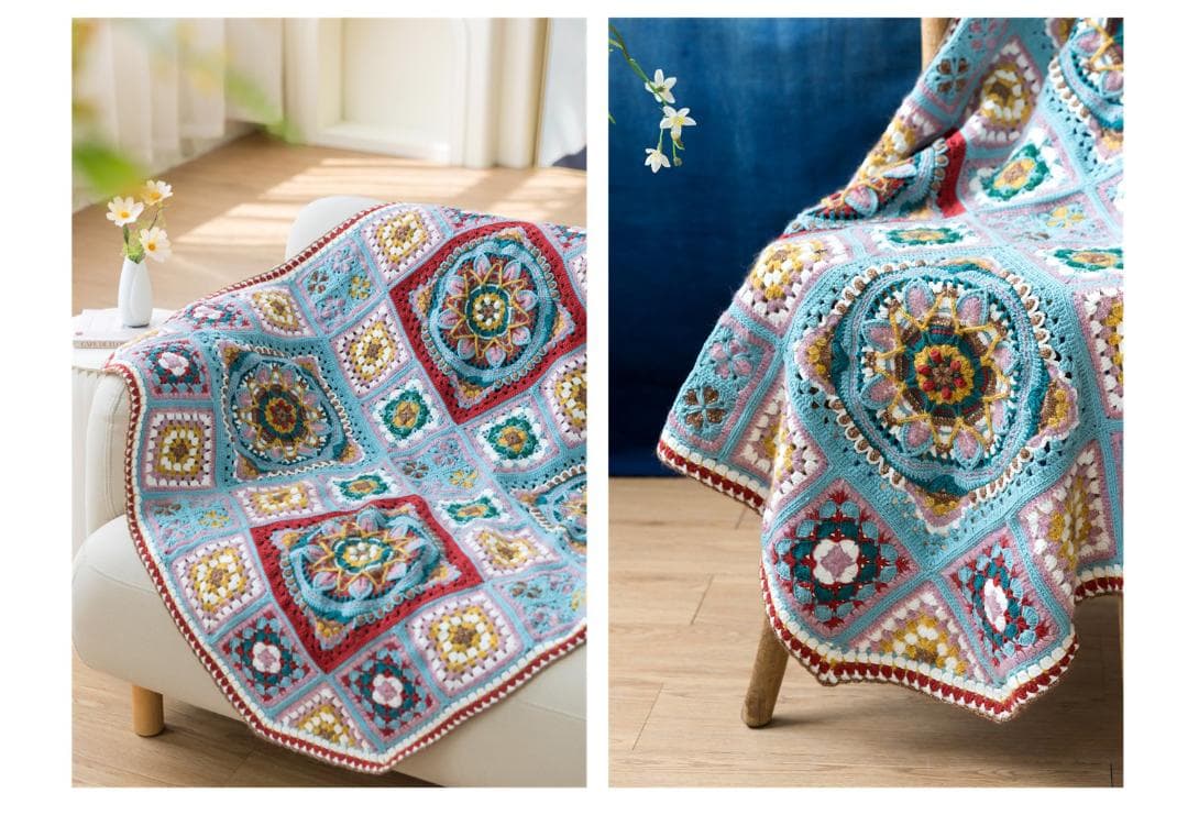 かぎ針編み 藍染 グラニースクエア マルチカバー ひざかけ こたつカバー