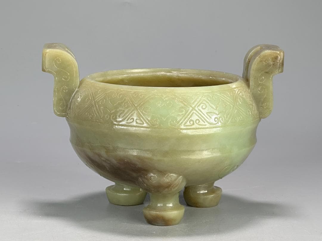UM4-1中国美術　玉石製　青玉鼎式香炉　置物　時代物　唐物