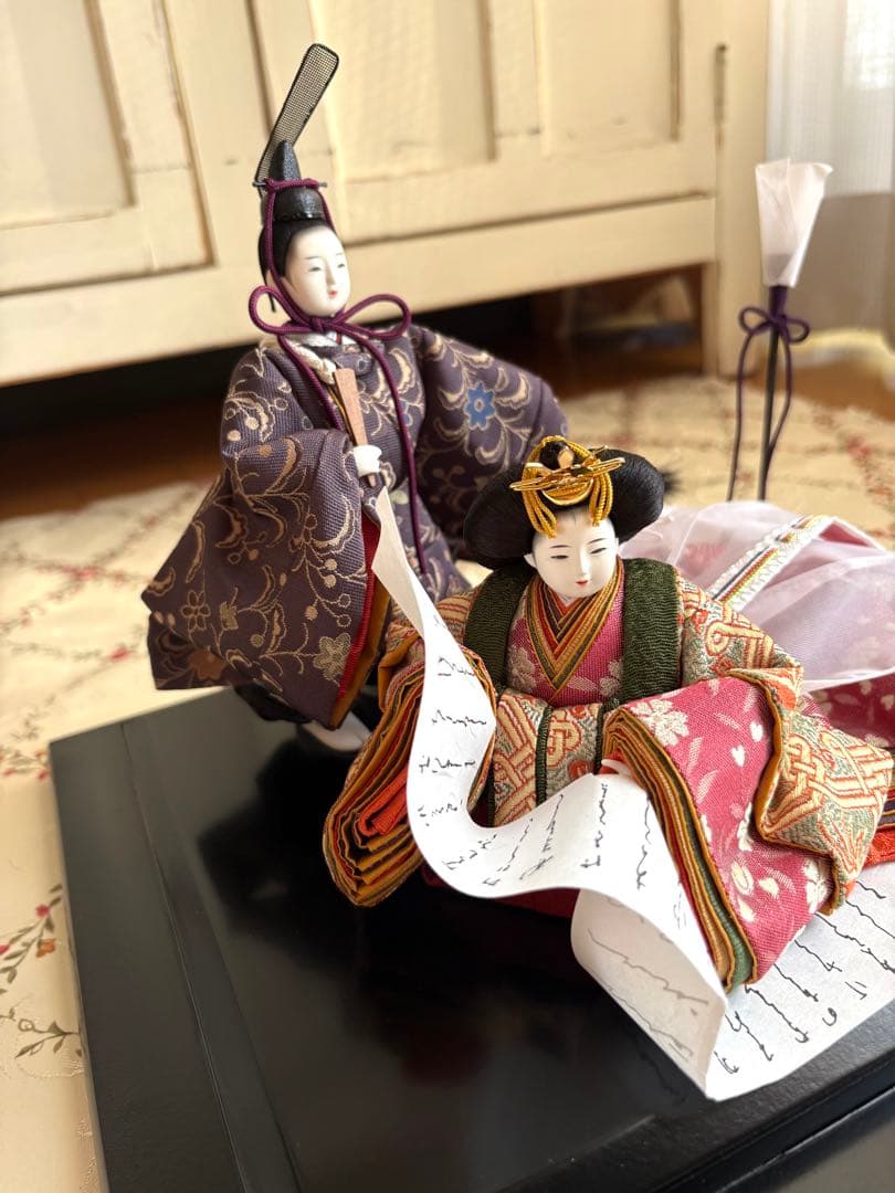 雛人形　コンパクト　ガラスケース付　親王飾り　立雛　桜　十二単　油灯　柴田家千代