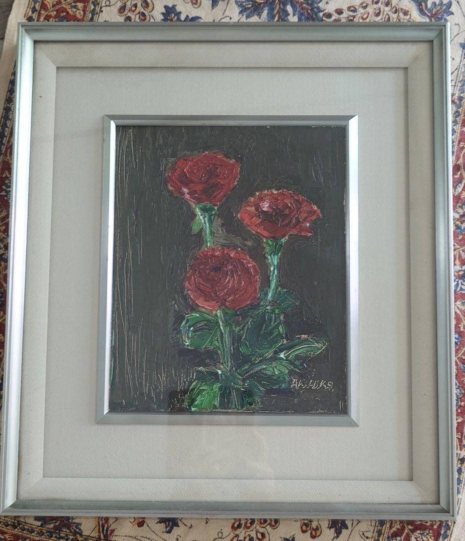 素敵な薔薇の油絵 額付き ☆ 原画 ☆ 画家サインあり 薔薇 油絵 額付 絵画
