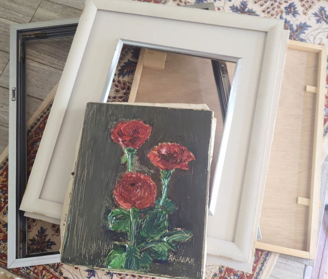 素敵な薔薇の油絵 額付き ☆ 原画 ☆ 画家サインあり 薔薇 油絵 額付 絵画