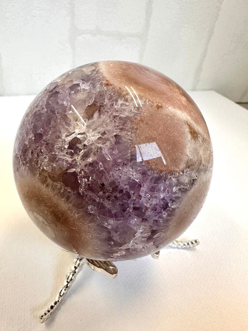 高品質　アメジスト　ピンクアメジスト　パープルピンク　スフィア　虹入