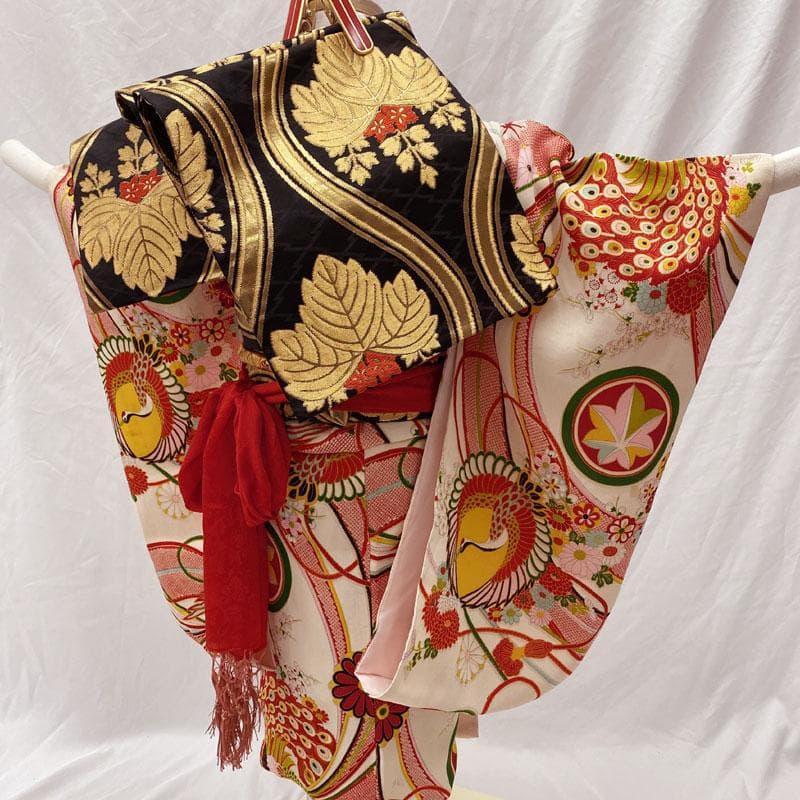 511ag47◎七五三 七歳 女児 着物&開き帯 セミアンティーク 金彩 白赤◎