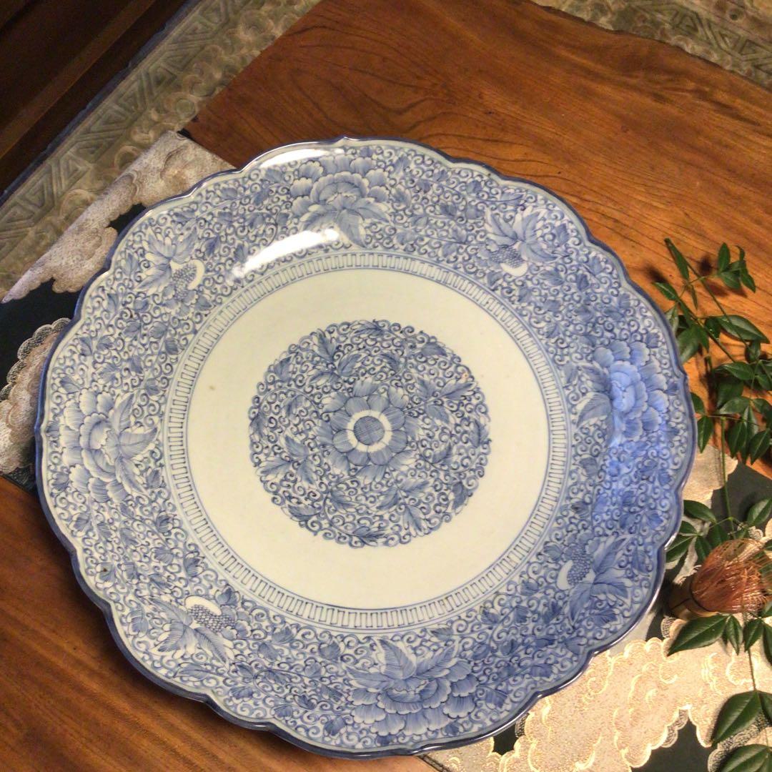 A865 古伊万里　染付　幕末線描　牡丹に柘榴紋様（1尺5寸）大皿　　1枚