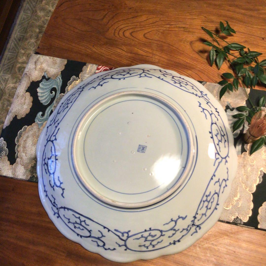 A865 古伊万里　染付　幕末線描　牡丹に柘榴紋様（1尺5寸）大皿　　1枚