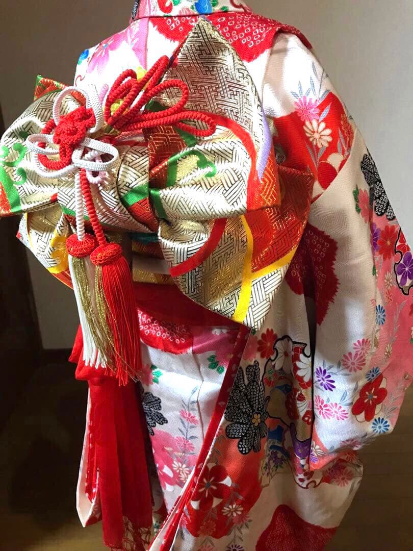 七五三7歳着物セット　正絹　絞り入り　可愛い和花　蝶❤️髪飾り　バック