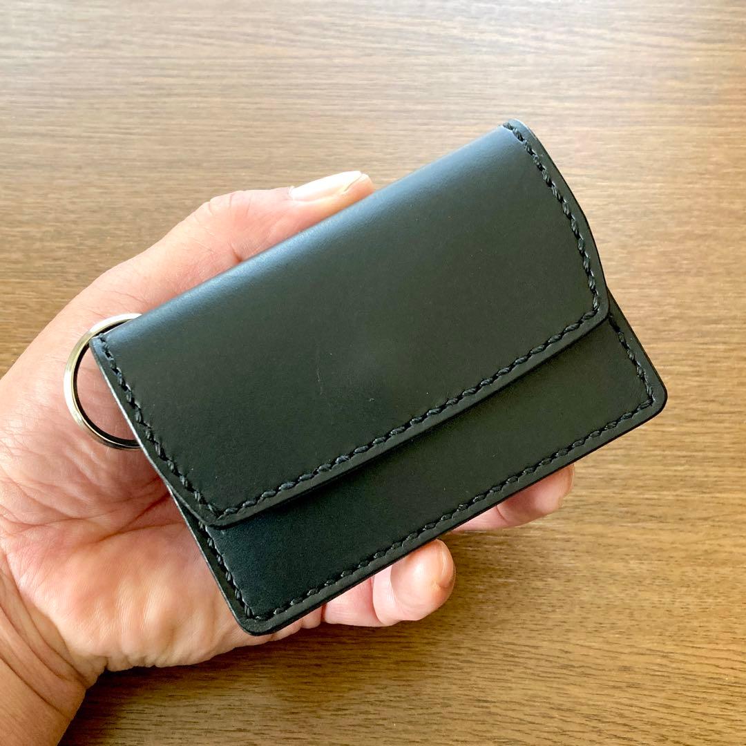 【総手縫い】イタリアンレザー マルチケース 黒 キーリング付 スマートキーケース