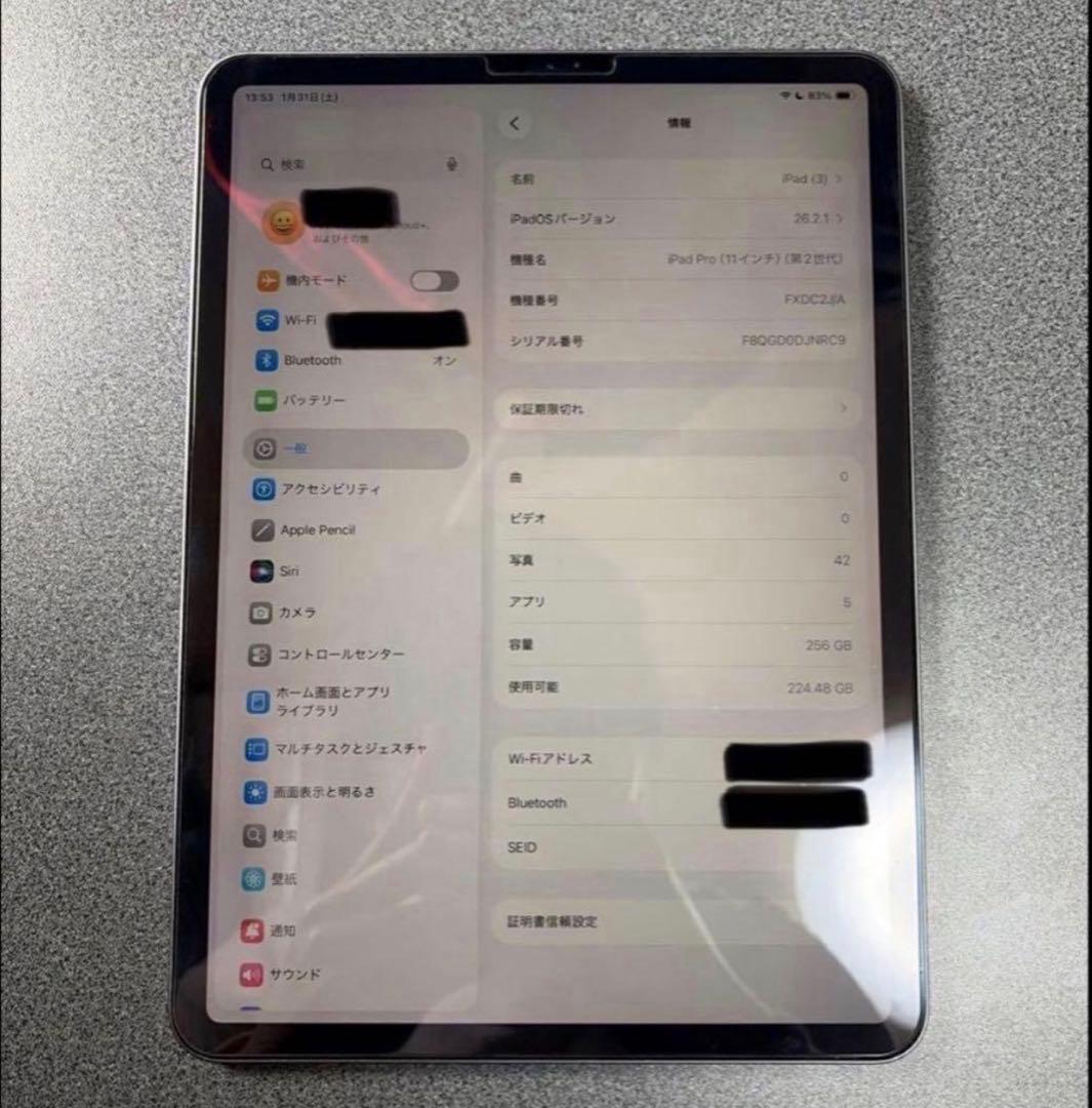 iPad Pro 第2世代 11インチ 258GB スペースグレイ Wi-Fi