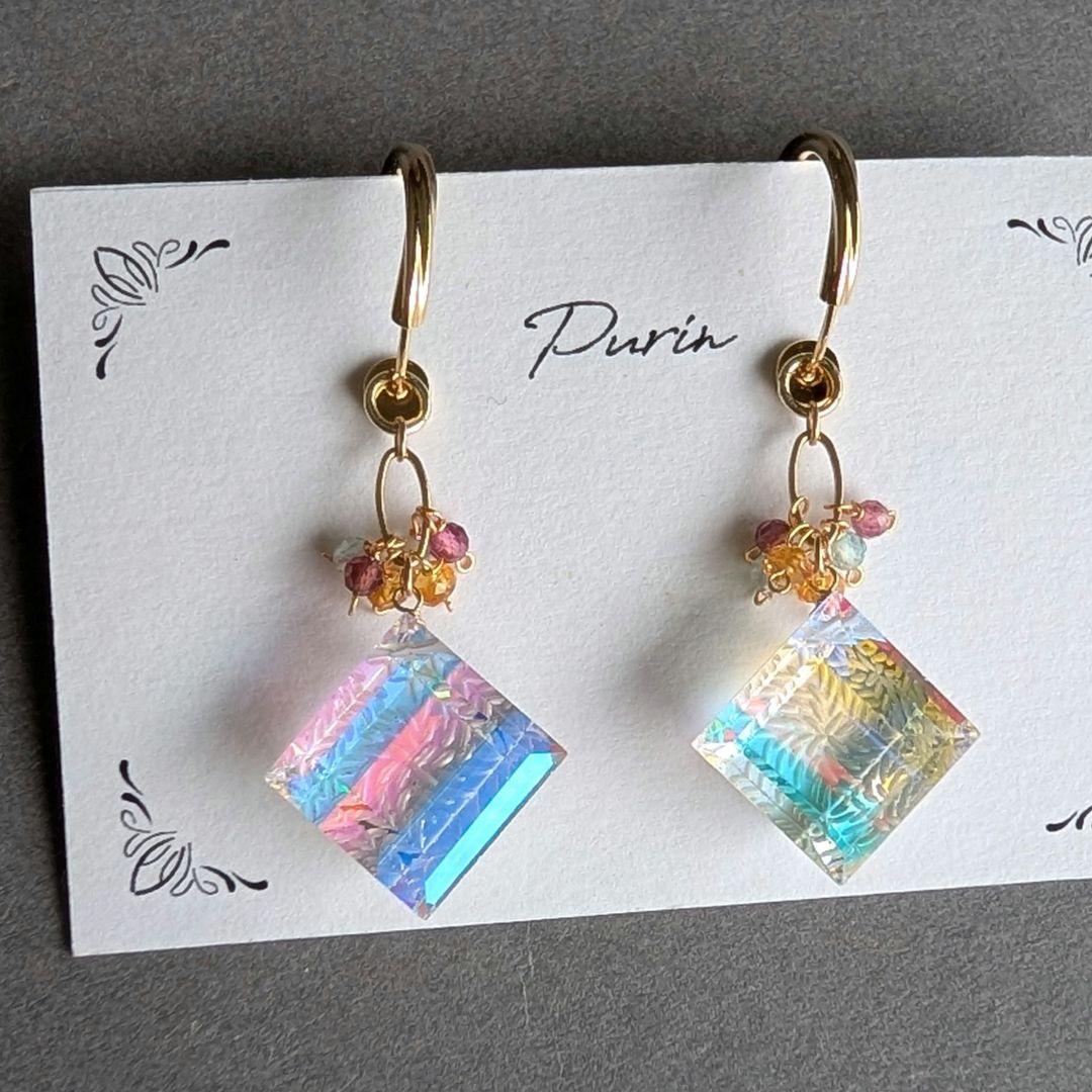 ポメころび様 水晶 コンケーブカットブーケピアス