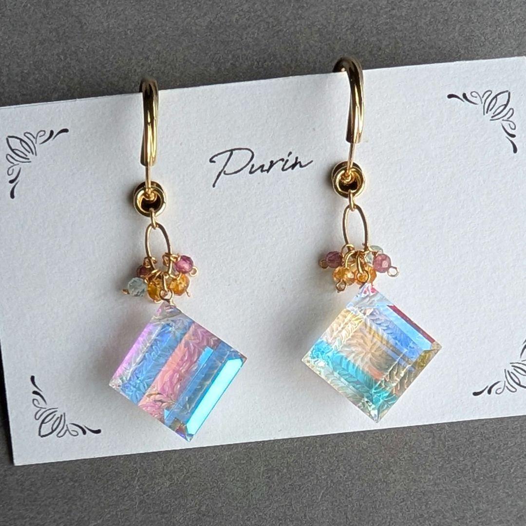 ポメころび様 水晶 コンケーブカットブーケピアス