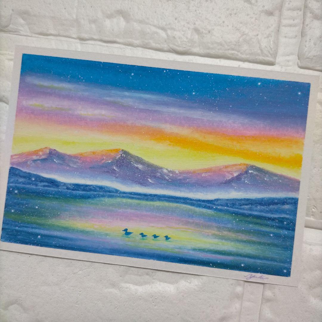 カルガモ親子と湖畔の風景画 オイルパステル画 原画 ハガキサイズ絵画 #104