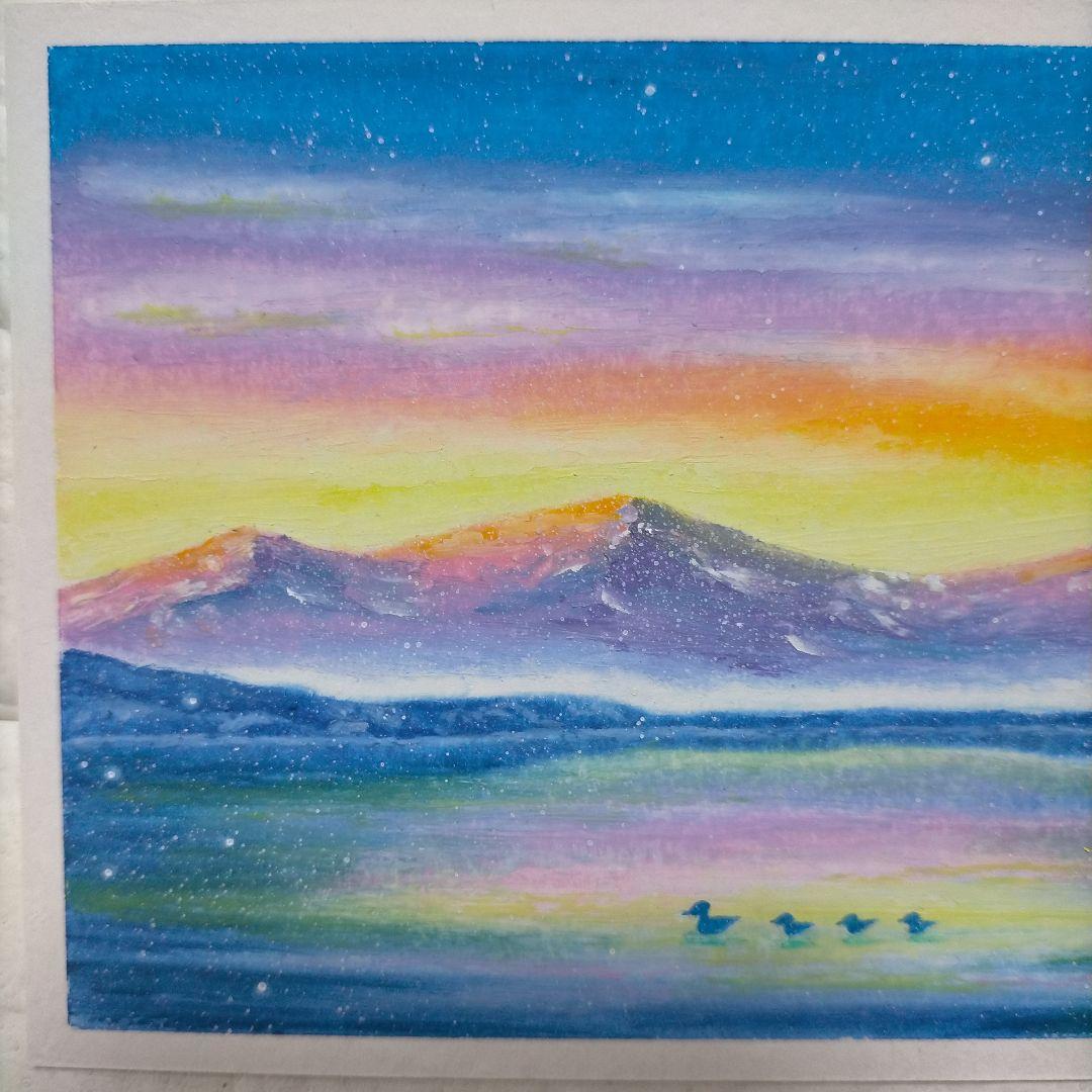カルガモ親子と湖畔の風景画 オイルパステル画 原画 ハガキサイズ絵画 #104