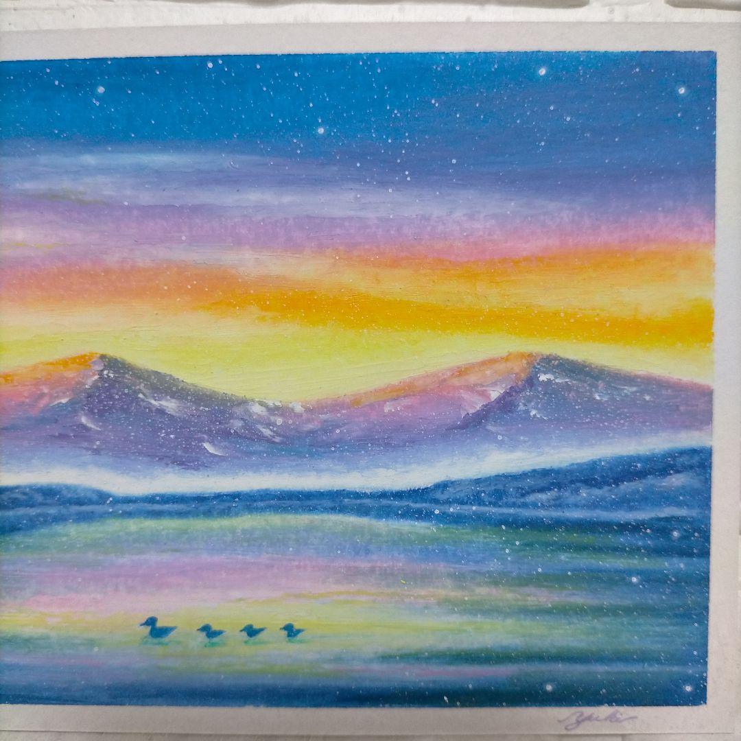 カルガモ親子と湖畔の風景画 オイルパステル画 原画 ハガキサイズ絵画 #104