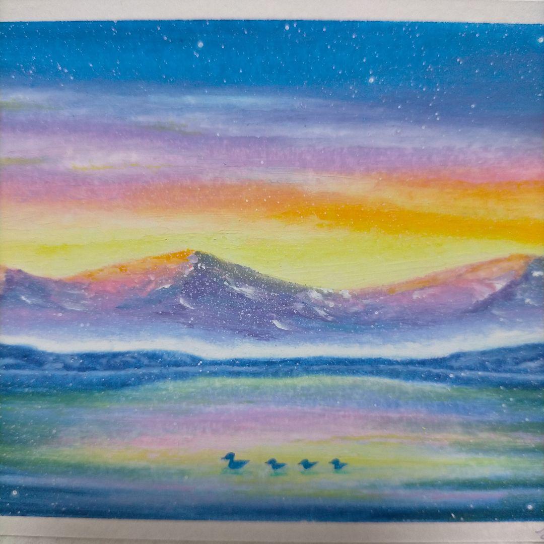 カルガモ親子と湖畔の風景画 オイルパステル画 原画 ハガキサイズ絵画 #104